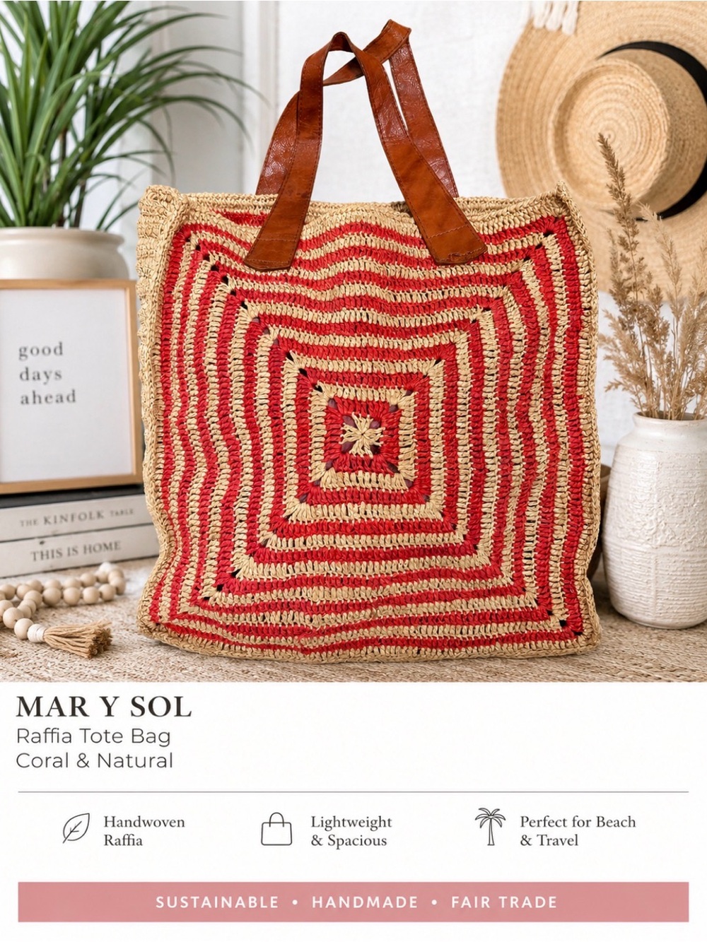 Mar Y Sol Raffia Tote Bag Coral Pink Natural Straw Crochet Leather Handles